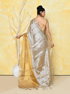 Piyari Fashion Women's Silver Gold Organic Tissue Saree With Blouse Piece | Grocsy