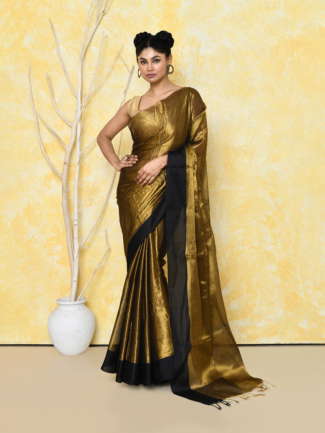 Piyari Fashion Women's Gold Organic Tissue Saree With Blouse Piece | Grocsy