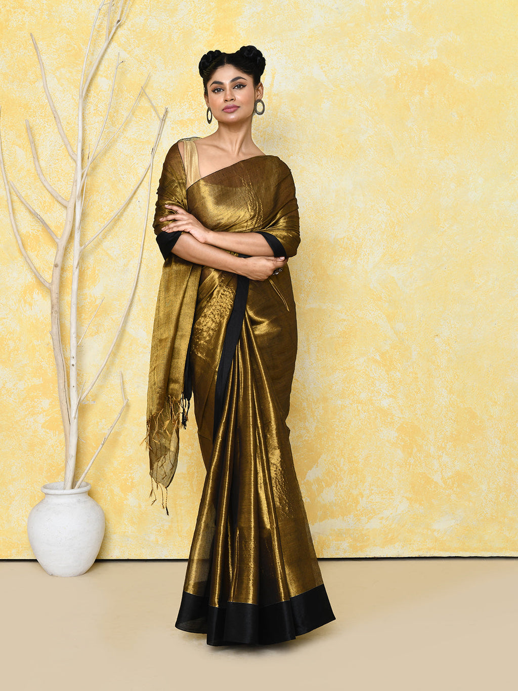 Piyari Fashion Women's Gold Organic Tissue Saree With Blouse Piece | Grocsy