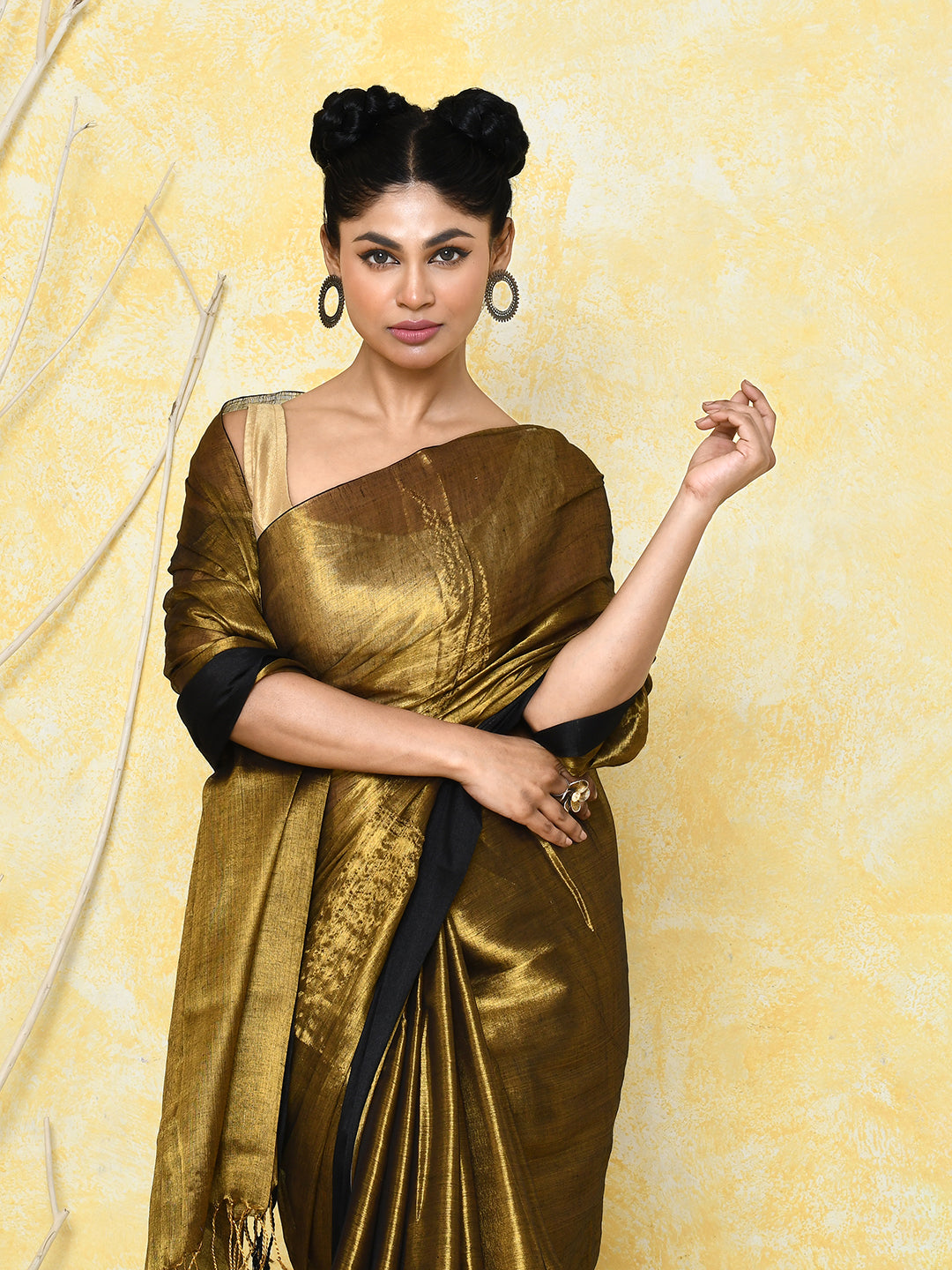Piyari Fashion Women's Gold Organic Tissue Saree With Blouse Piece | Grocsy
