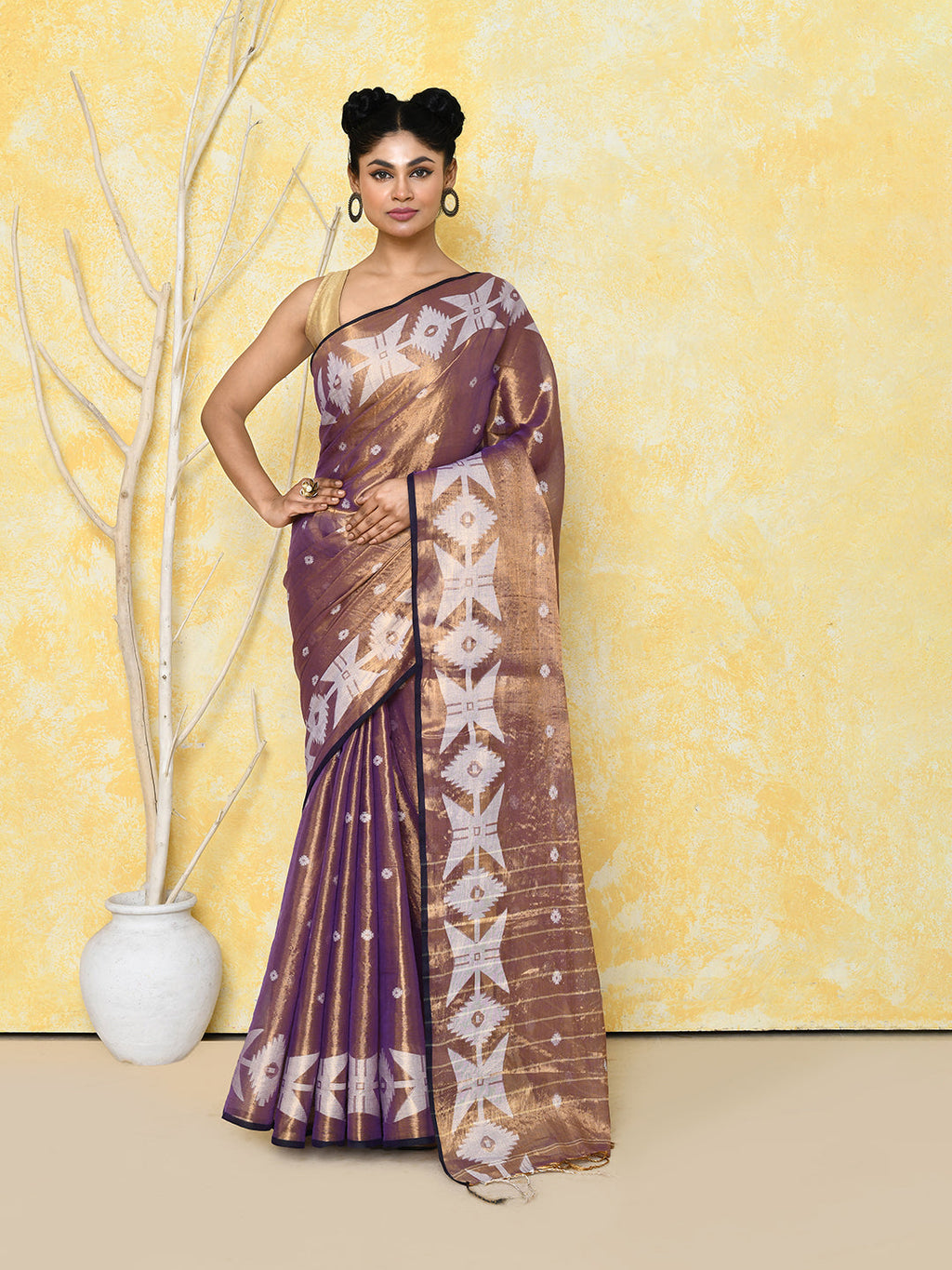 Piyari Fashion Women's Gold Blue Dual Tone Organic Tissue Jamdani Saree With Blouse Piece | Grocsy