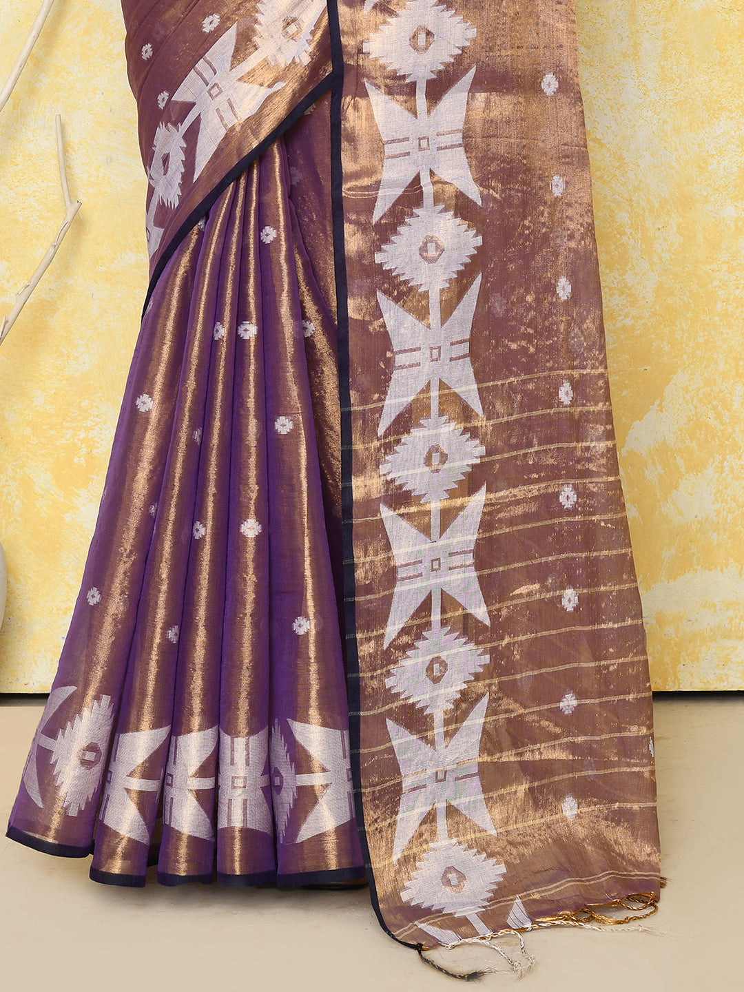 Piyari Fashion Women's Gold Blue Dual Tone Organic Tissue Jamdani Saree With Blouse Piece | Grocsy