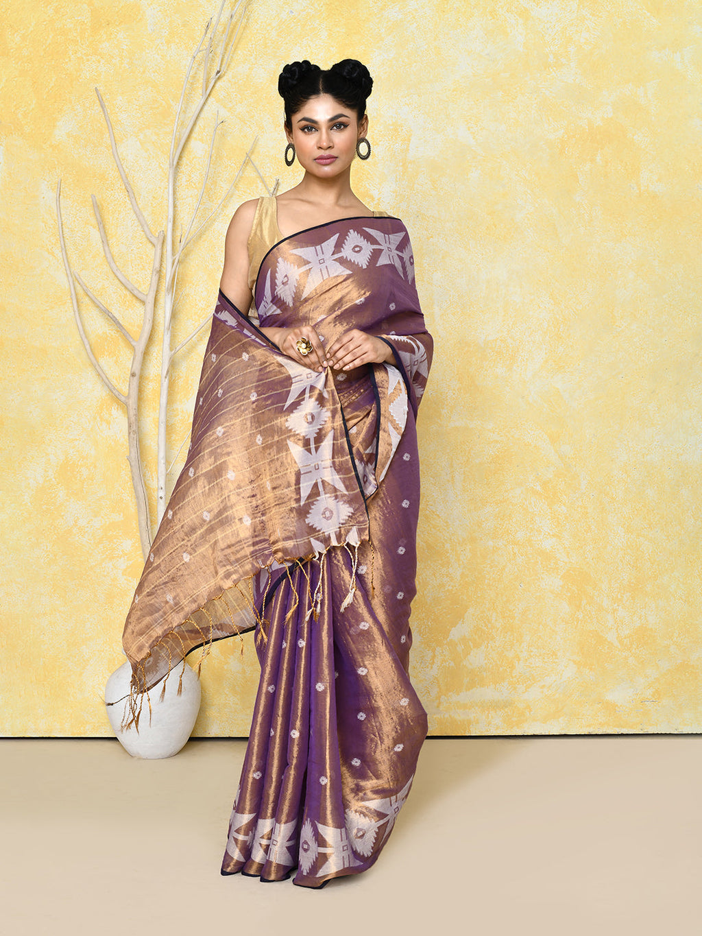 Piyari Fashion Women's Gold Blue Dual Tone Organic Tissue Jamdani Saree With Blouse Piece | Grocsy