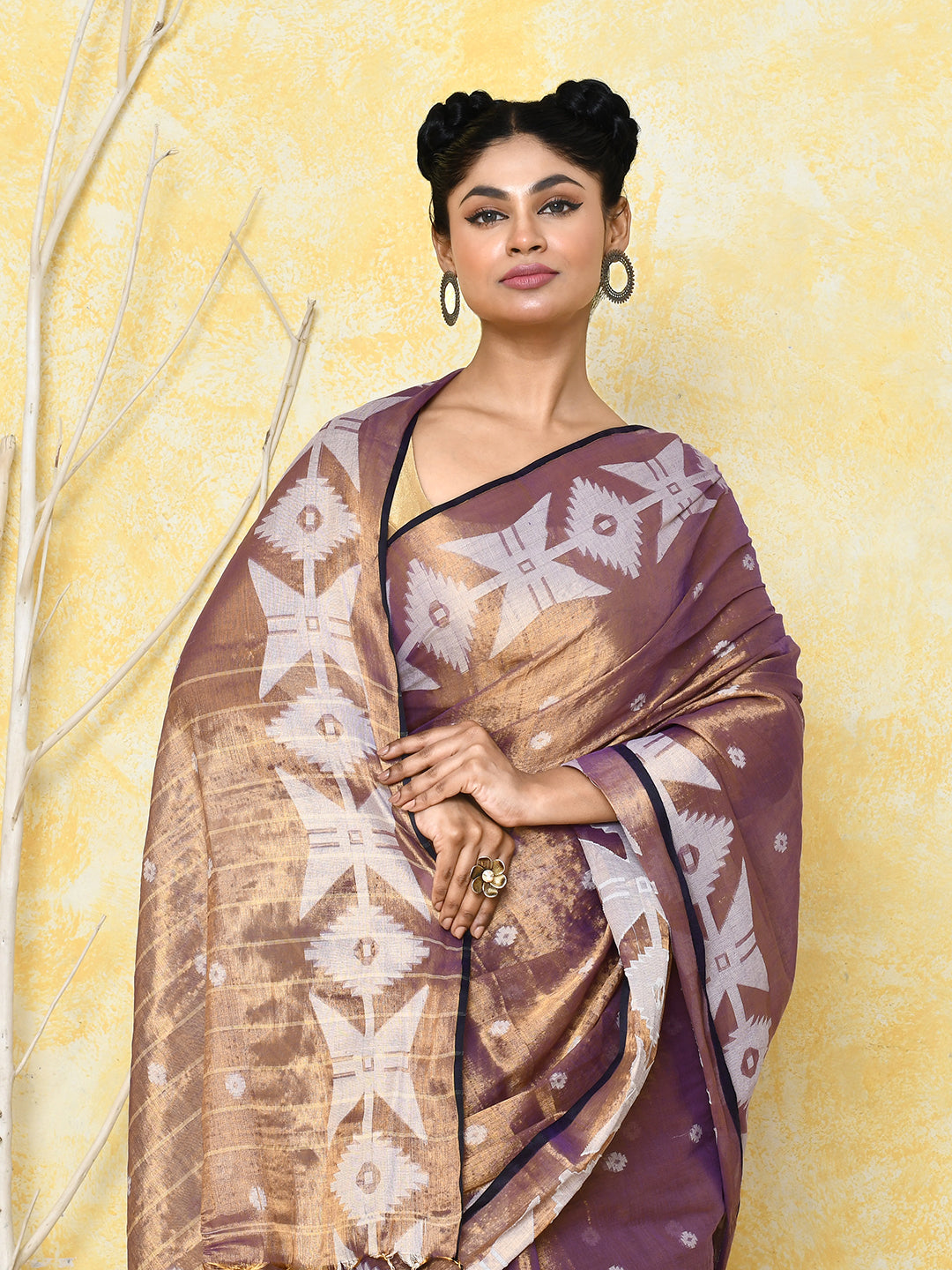 Piyari Fashion Women's Gold Blue Dual Tone Organic Tissue Jamdani Saree With Blouse Piece | Grocsy