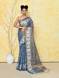 Piyari Fashion Women's Gold Turquoise Dual Tone Organic Tissue Jamdani Saree With Blouse Piece | Grocsy