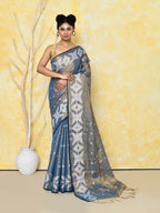 Piyari Fashion Women's Gold Turquoise Dual Tone Organic Tissue Jamdani Saree With Blouse Piece | Grocsy