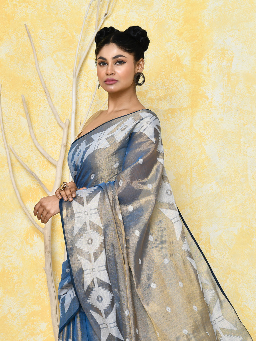 Piyari Fashion Women's Gold Turquoise Dual Tone Organic Tissue Jamdani Saree With Blouse Piece | Grocsy
