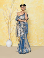 Piyari Fashion Women's Gold Turquoise Dual Tone Organic Tissue Jamdani Saree With Blouse Piece | Grocsy