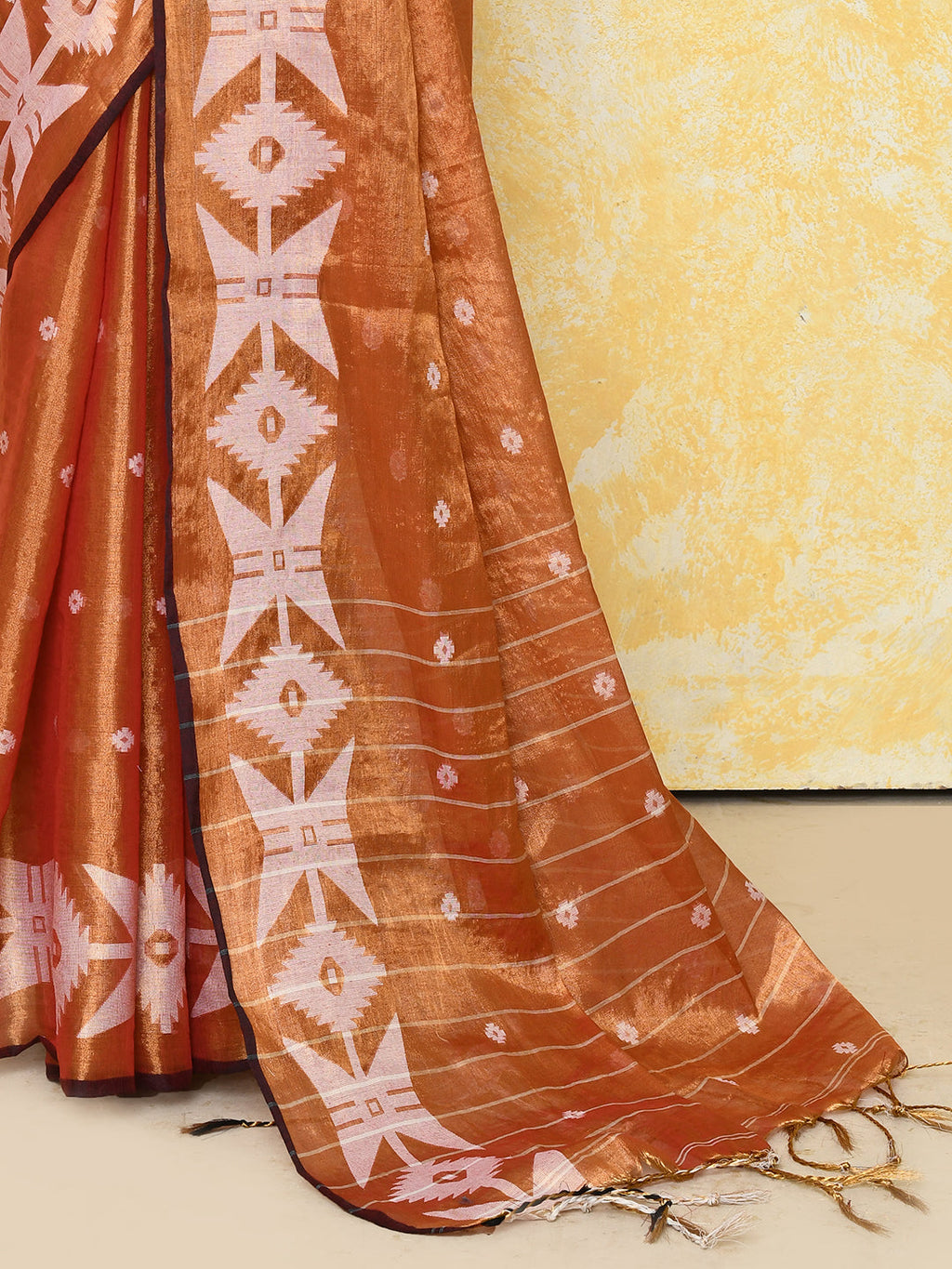 Piyari Fashion Women's Orange Dual Tone Organic Tissue Jamdani Saree With Blouse Piece | Grocsy