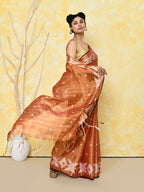 Piyari Fashion Women's Orange Dual Tone Organic Tissue Jamdani Saree With Blouse Piece | Grocsy