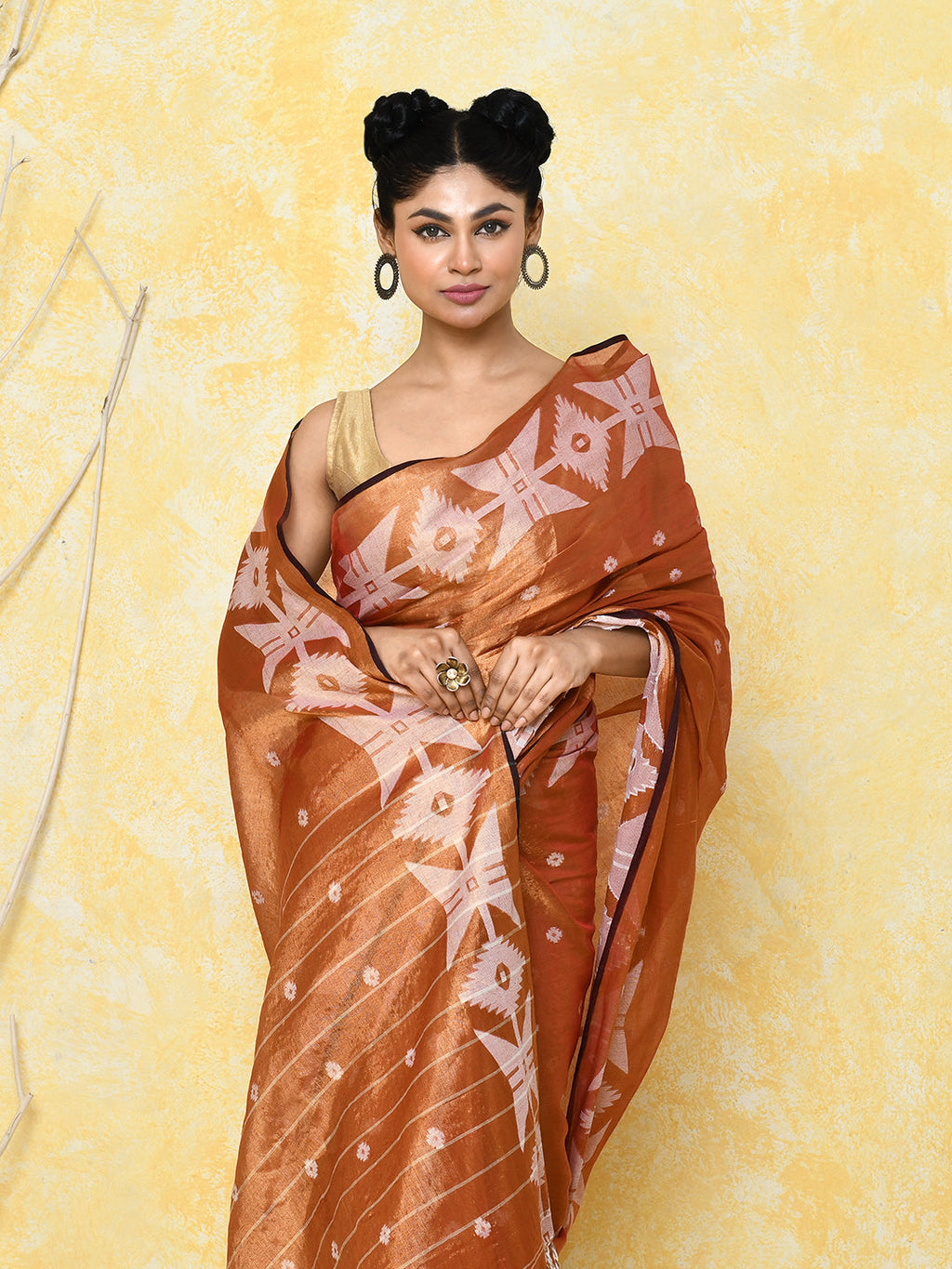 Piyari Fashion Women's Orange Dual Tone Organic Tissue Jamdani Saree With Blouse Piece | Grocsy