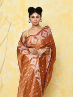 Piyari Fashion Women's Orange Dual Tone Organic Tissue Jamdani Saree With Blouse Piece | Grocsy