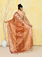 Piyari Fashion Women's Orange Dual Tone Organic Tissue Jamdani Saree With Blouse Piece | Grocsy