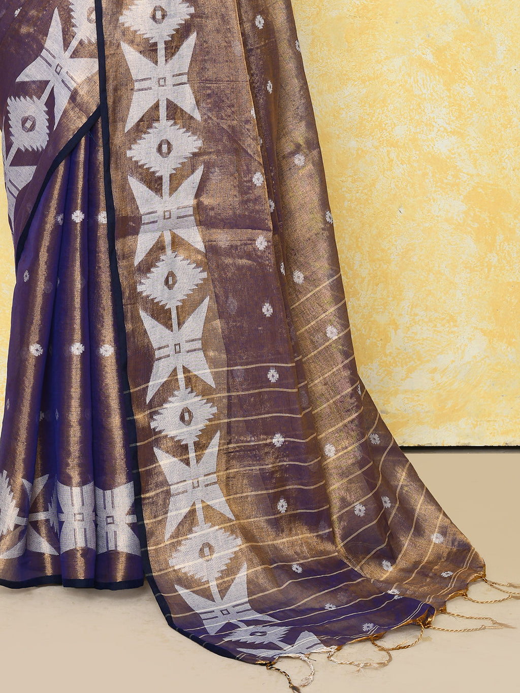 Piyari Fashion Women's Gold Blue Dual Tone Organic Tissue Jamdani Saree With Blouse Piece | Grocsy