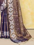 Piyari Fashion Women's Gold Blue Dual Tone Organic Tissue Jamdani Saree With Blouse Piece | Grocsy
