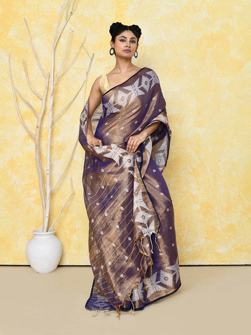 Piyari Fashion Women's Gold Blue Dual Tone Organic Tissue Jamdani Saree With Blouse Piece | Grocsy