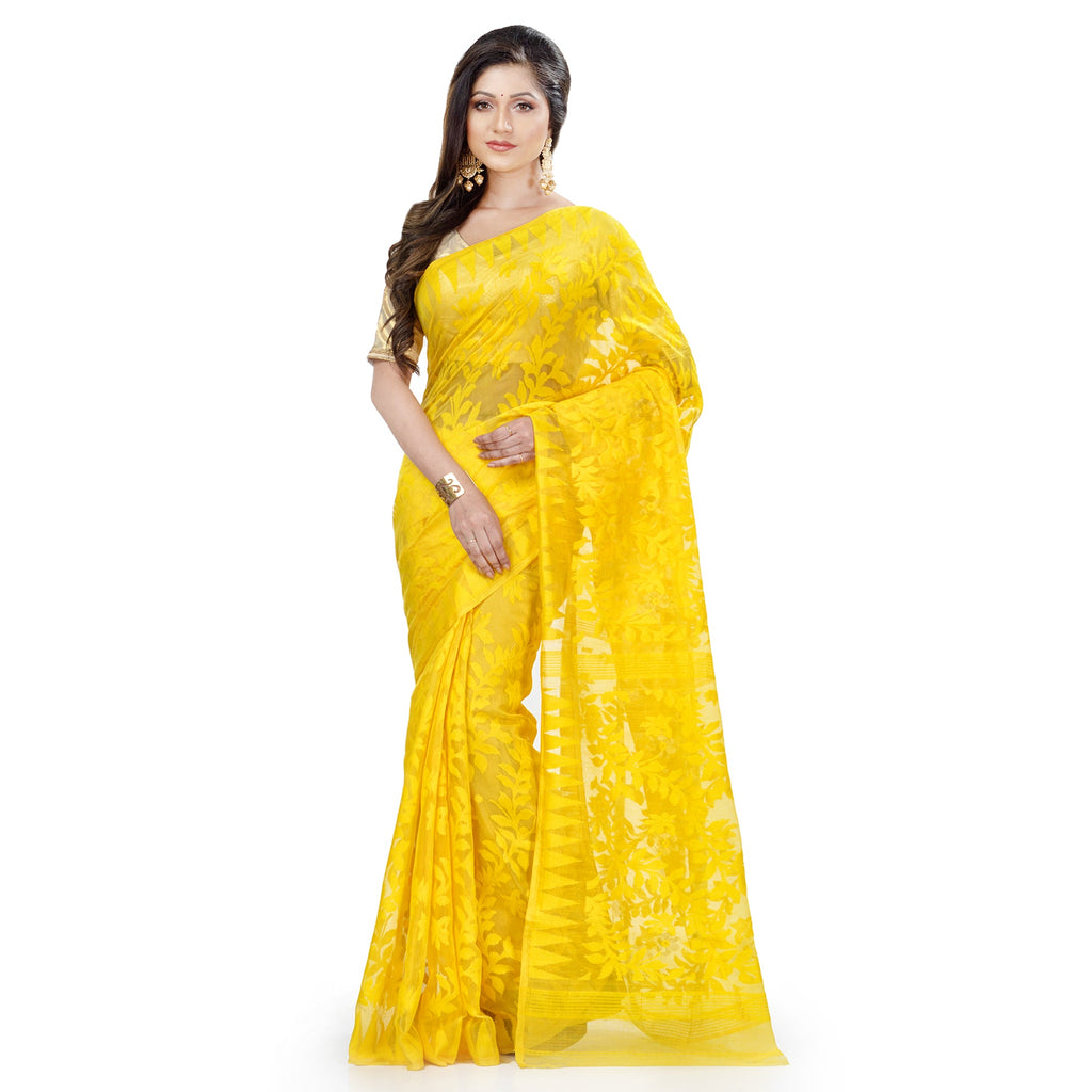 Piyari Fashion Cotton Blend Handloom Yellow Jamdani Saree | Grocsy