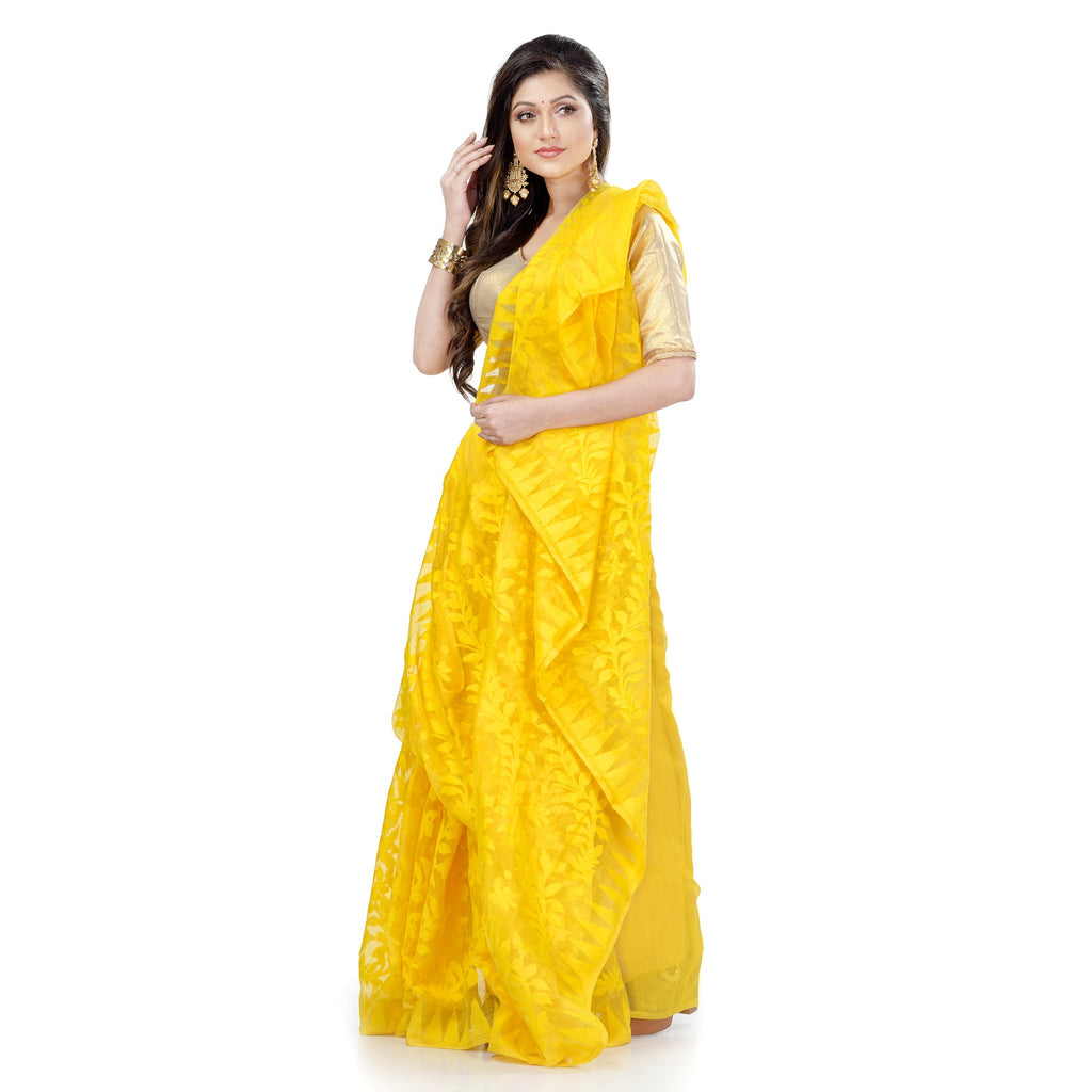 Piyari Fashion Cotton Blend Handloom Yellow Jamdani Saree | Grocsy