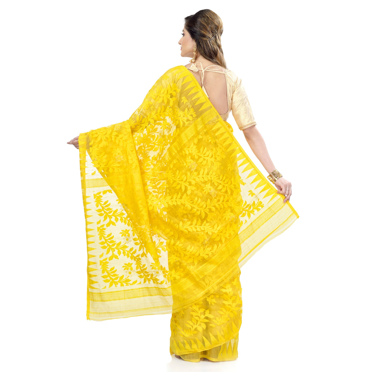 Piyari Fashion Cotton Blend Handloom Yellow Jamdani Saree | Grocsy