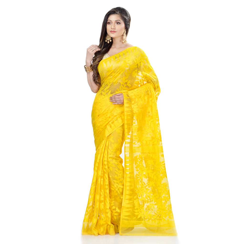 Piyari Fashion Cotton Blend Handloom Yellow Jamdani Saree | Grocsy
