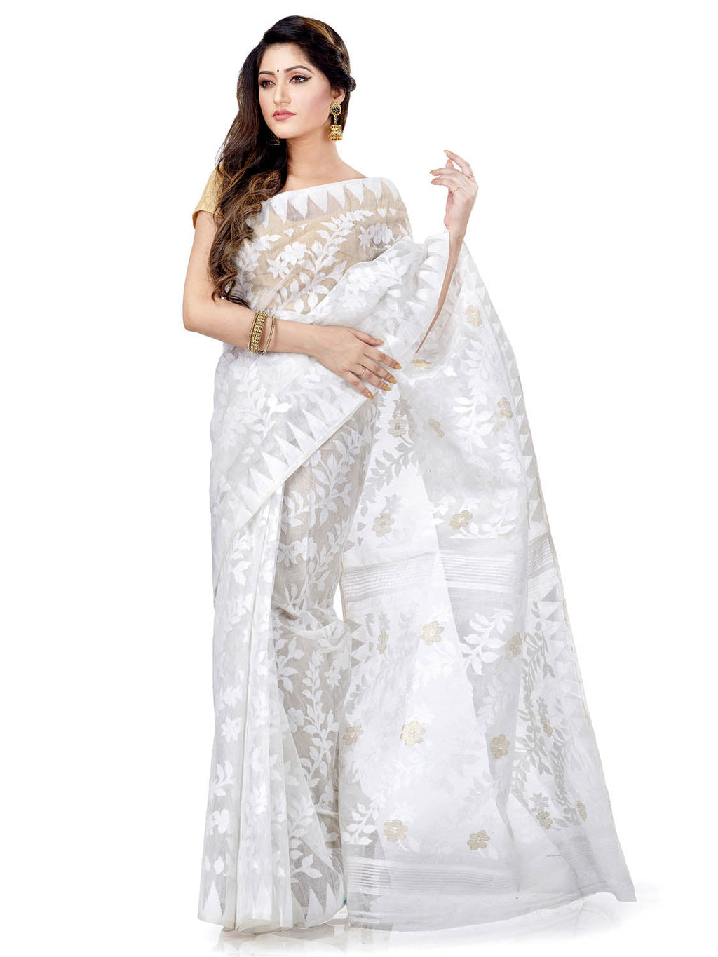 Piyari Fashion Cotton Blend Handloom White Jamdani Saree | Grocsy