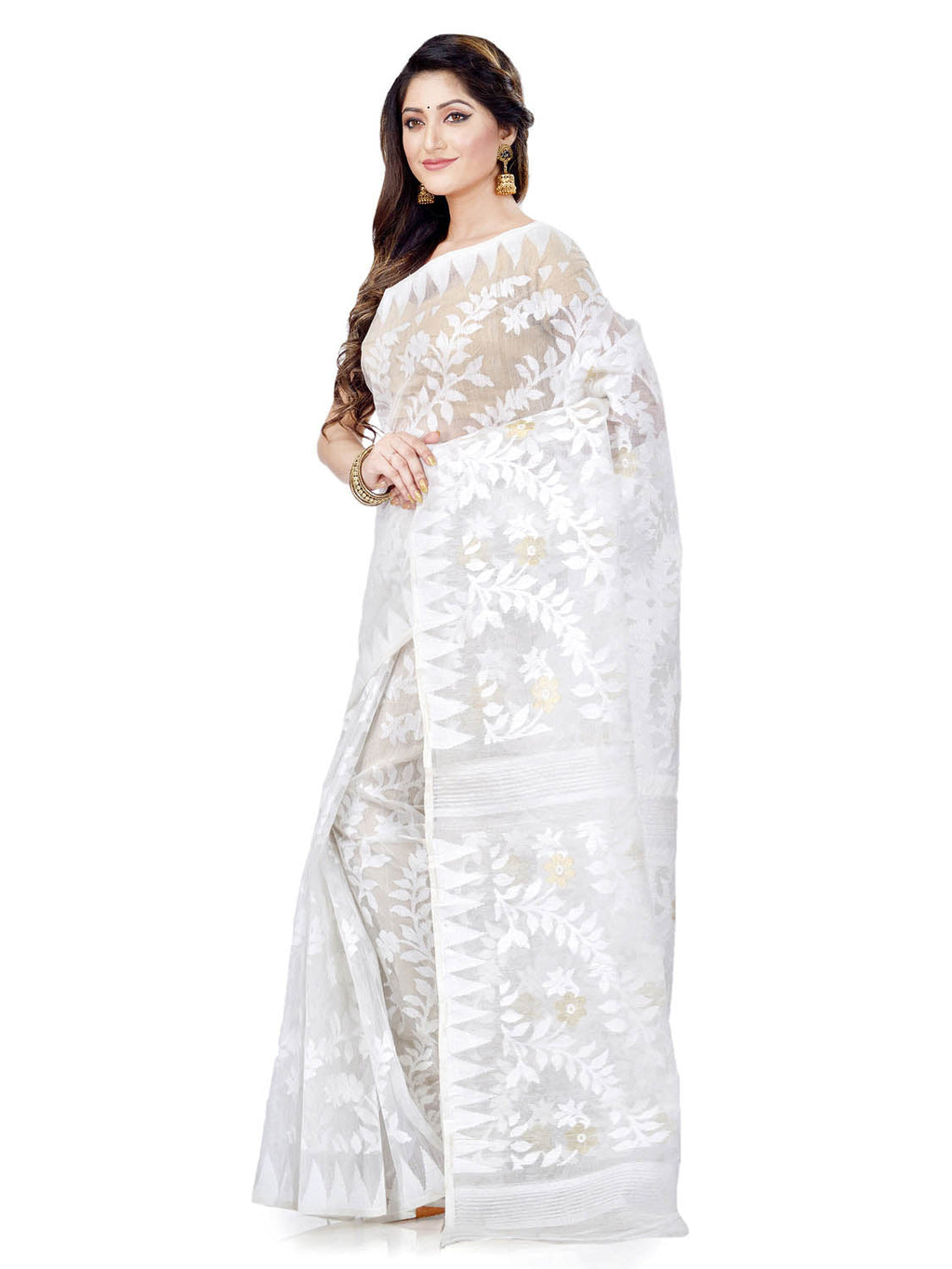 Piyari Fashion Cotton Blend Handloom White Jamdani Saree | Grocsy