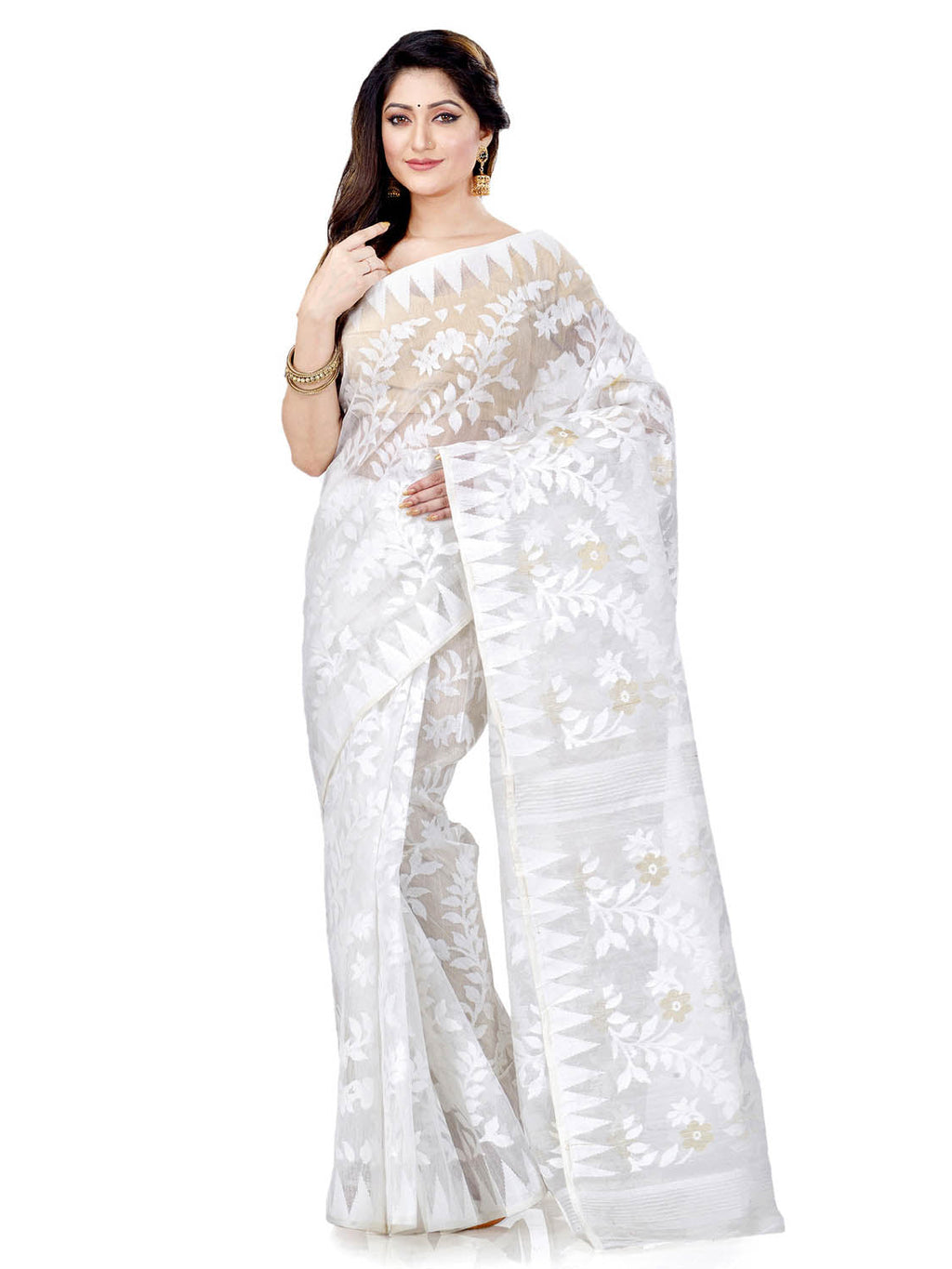 Piyari Fashion Cotton Blend Handloom White Jamdani Saree | Grocsy