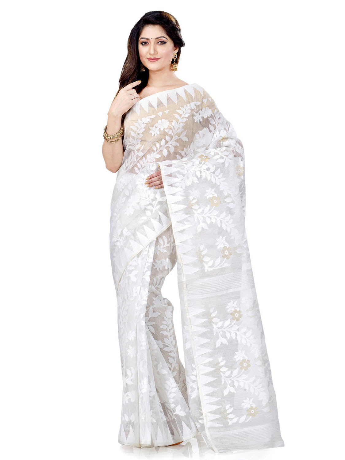 Piyari Fashion Cotton Blend Handloom White Jamdani Saree | Grocsy