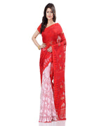 Piyari Fashion Cotton Blend Handloom Red White Jamdani Saree | Grocsy