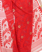 Piyari Fashion Cotton Blend Handloom Red White Jamdani Saree | Grocsy