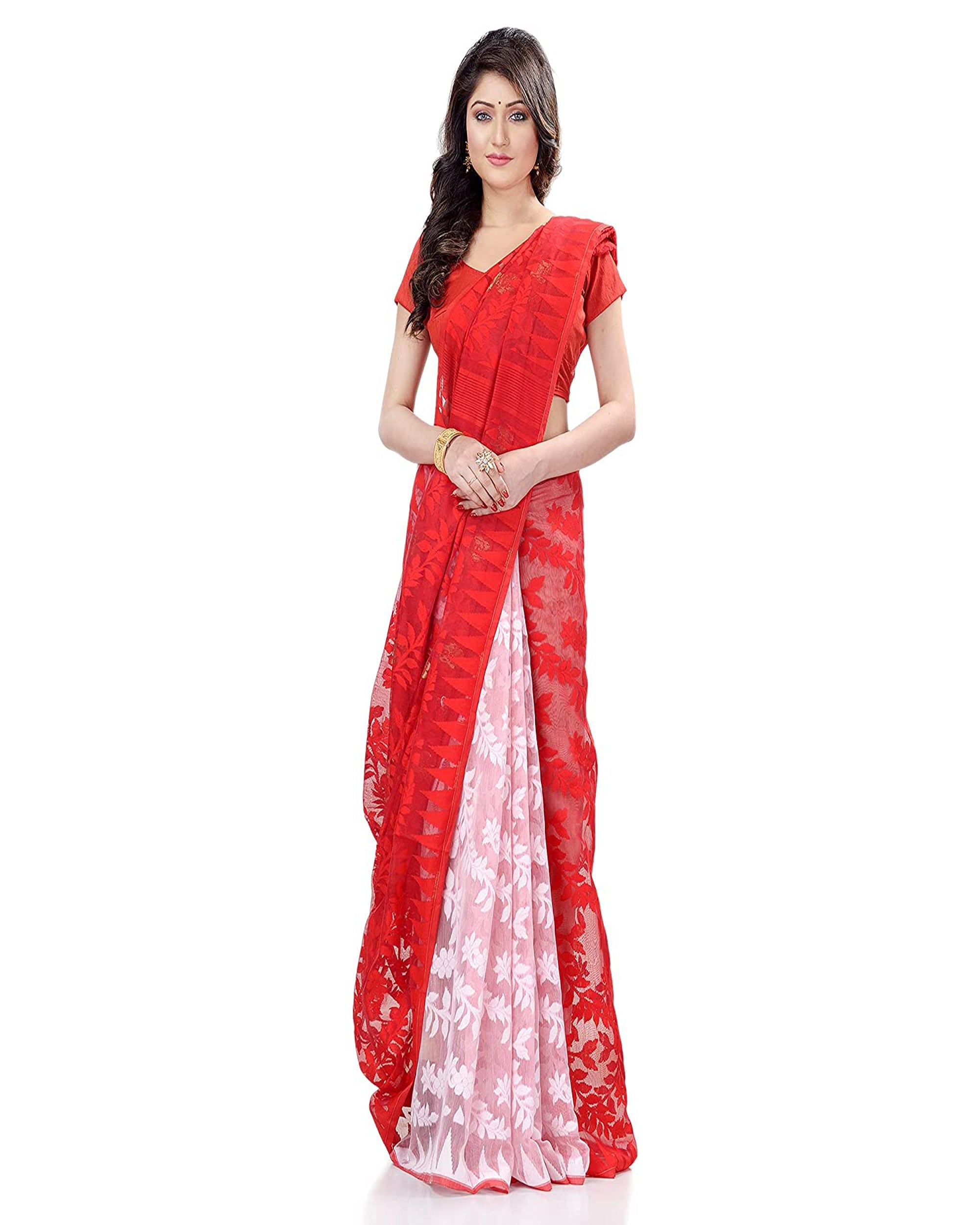 Piyari Fashion Cotton Blend Handloom Red White Jamdani Saree | Grocsy