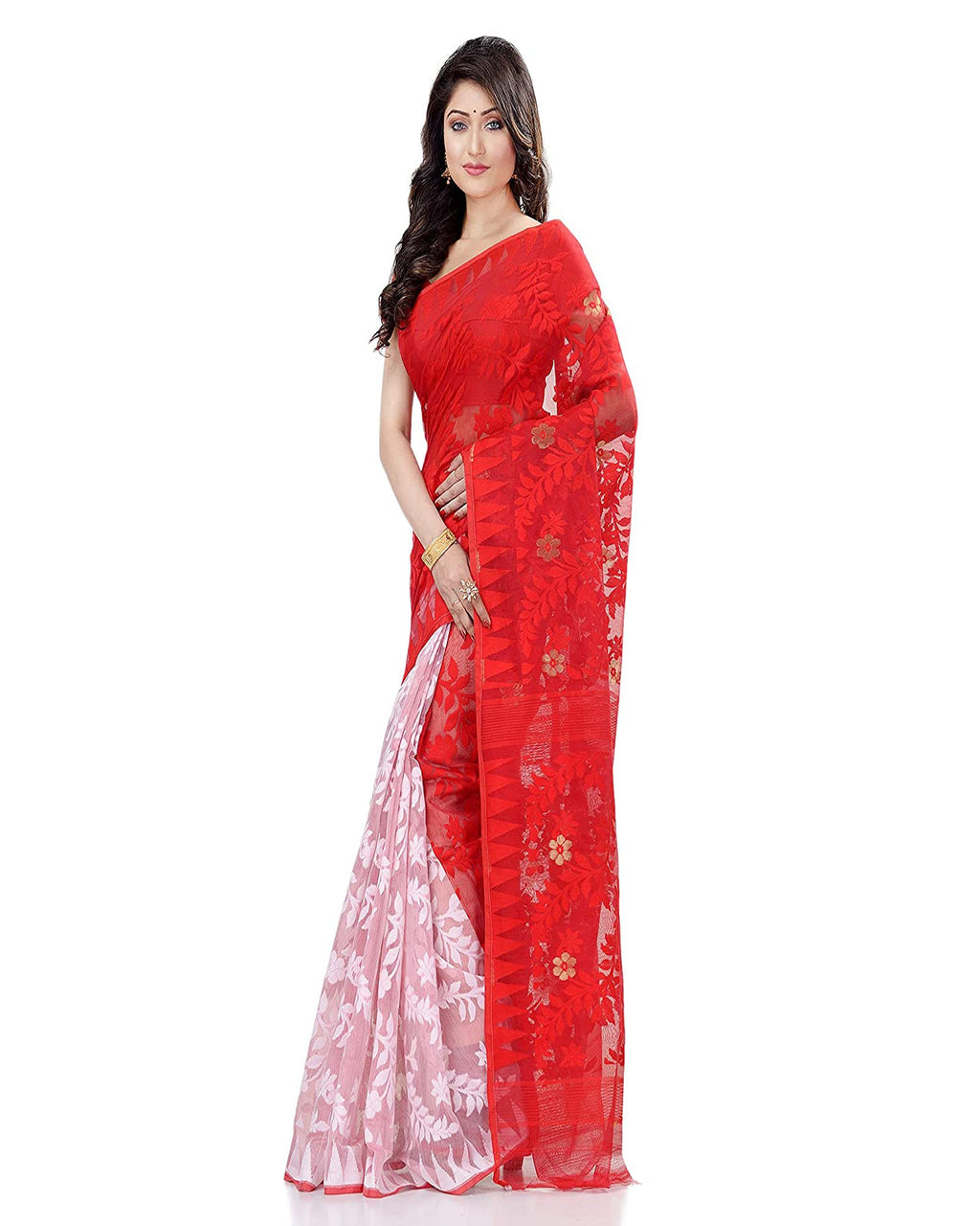 Piyari Fashion Cotton Blend Handloom Red White Jamdani Saree | Grocsy