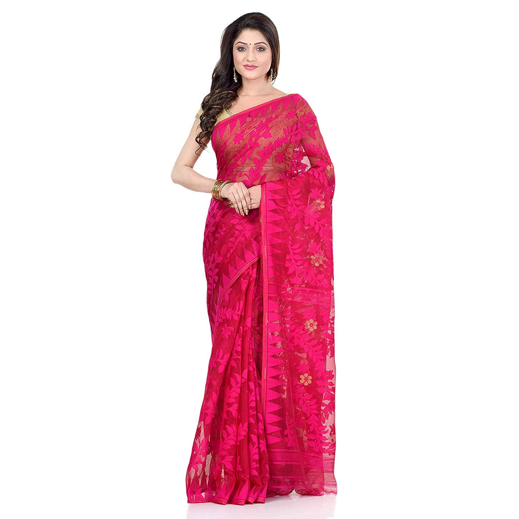 Piyari Fashion Cotton Blend Handloom Pink Jamdani Saree | Grocsy