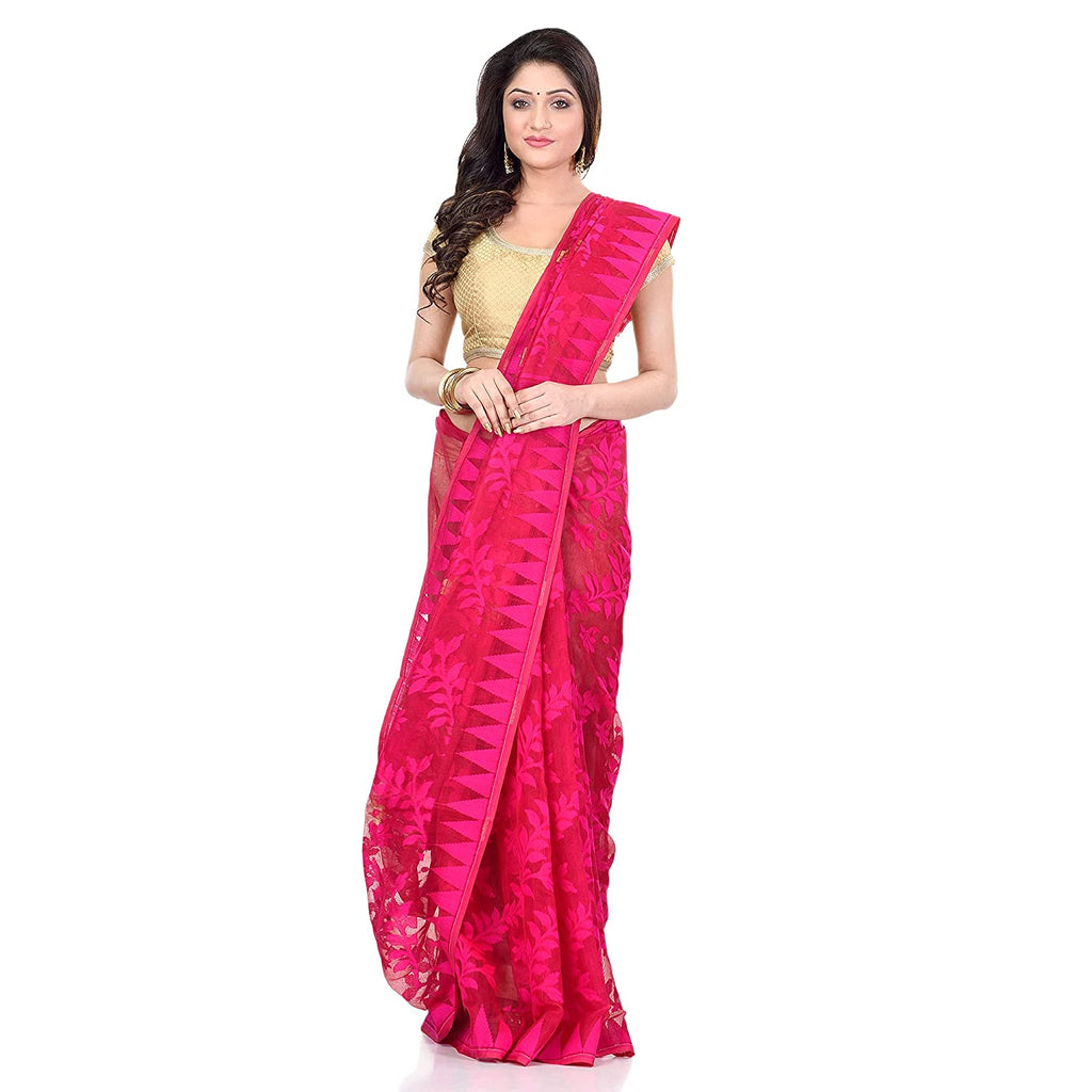 Piyari Fashion Cotton Blend Handloom Pink Jamdani Saree | Grocsy