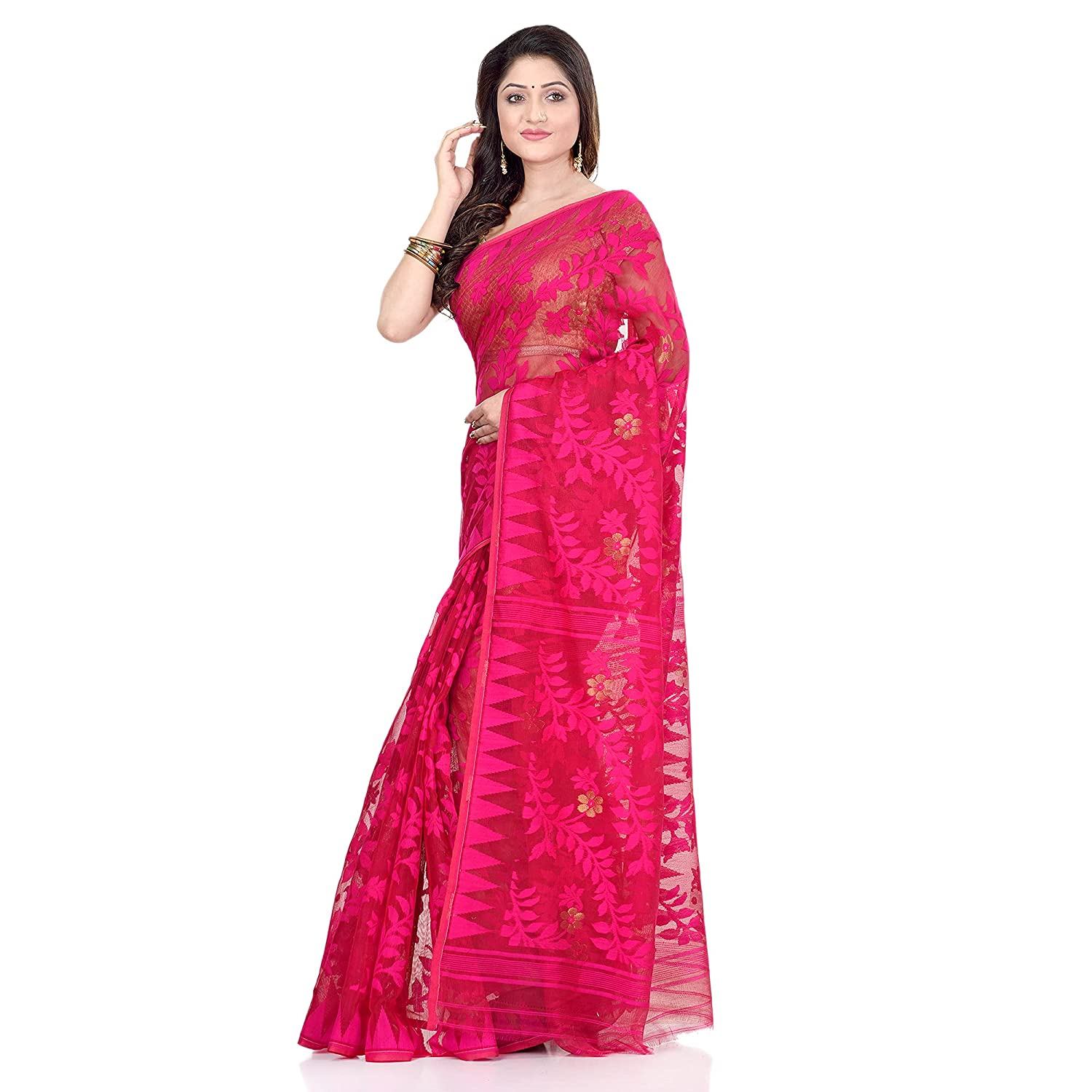 Piyari Fashion Cotton Blend Handloom Pink Jamdani Saree | Grocsy