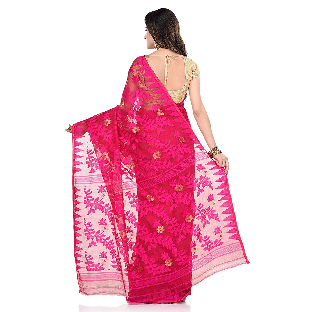 Piyari Fashion Cotton Blend Handloom Pink Jamdani Saree | Grocsy
