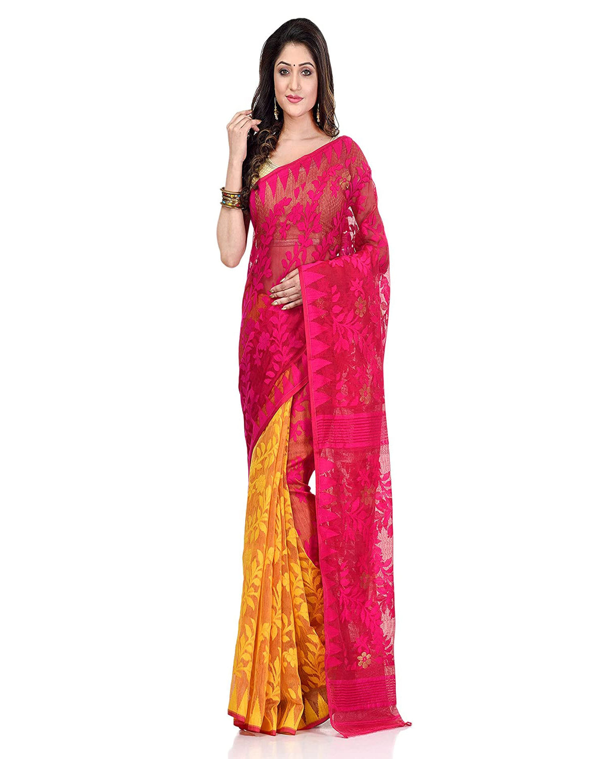 Piyari Fashion Cotton Blend Handloom Yellow Pink Jamdani Saree | Grocsy
