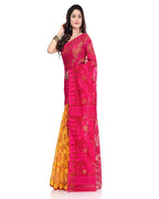 Piyari Fashion Cotton Blend Handloom Yellow Pink Jamdani Saree | Grocsy