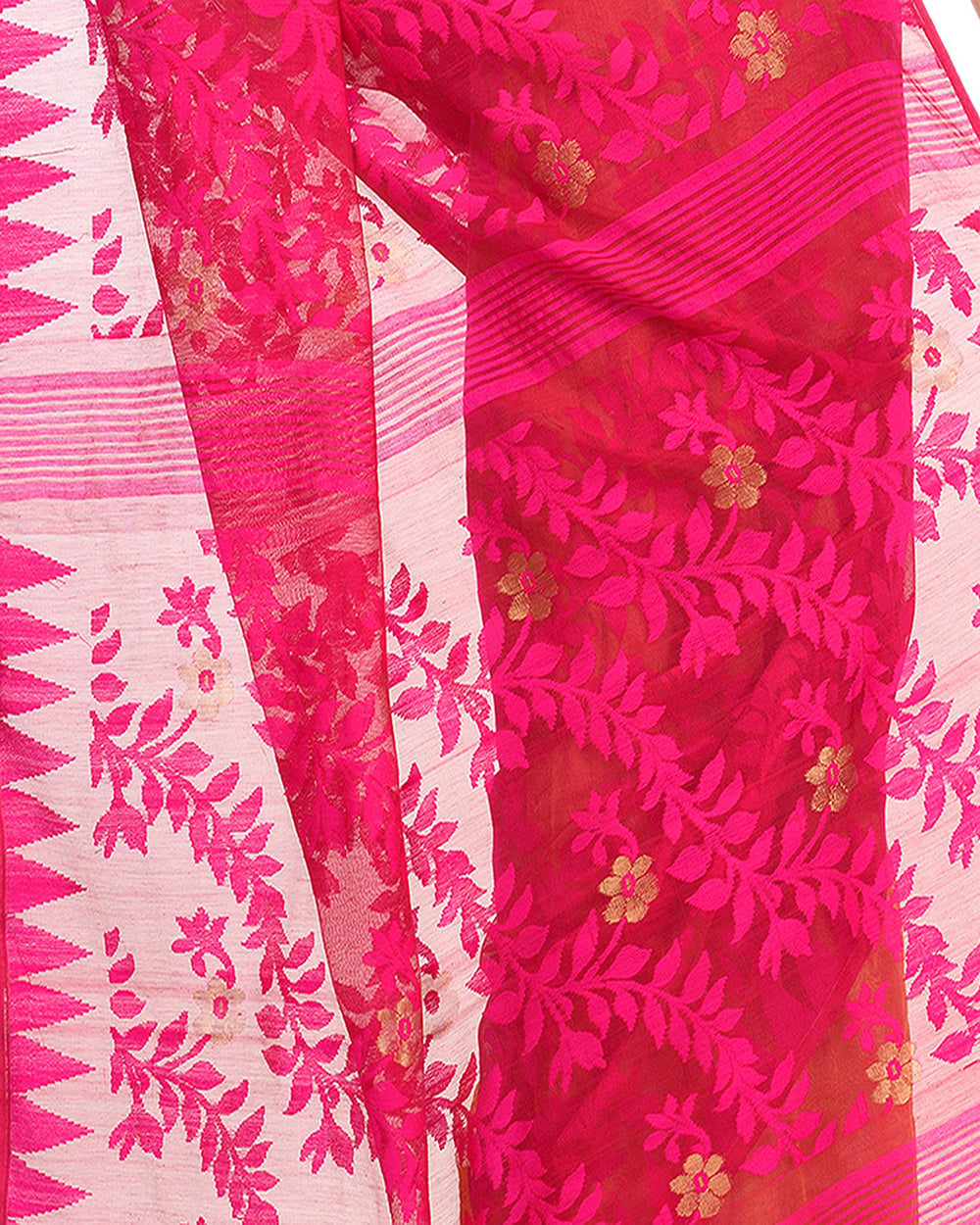 Piyari Fashion Cotton Blend Handloom Yellow Pink Jamdani Saree | Grocsy