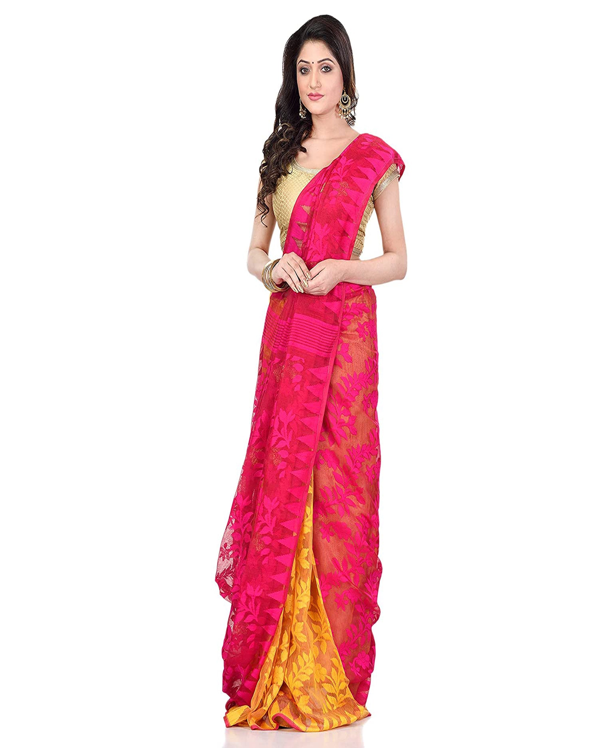 Piyari Fashion Cotton Blend Handloom Yellow Pink Jamdani Saree | Grocsy