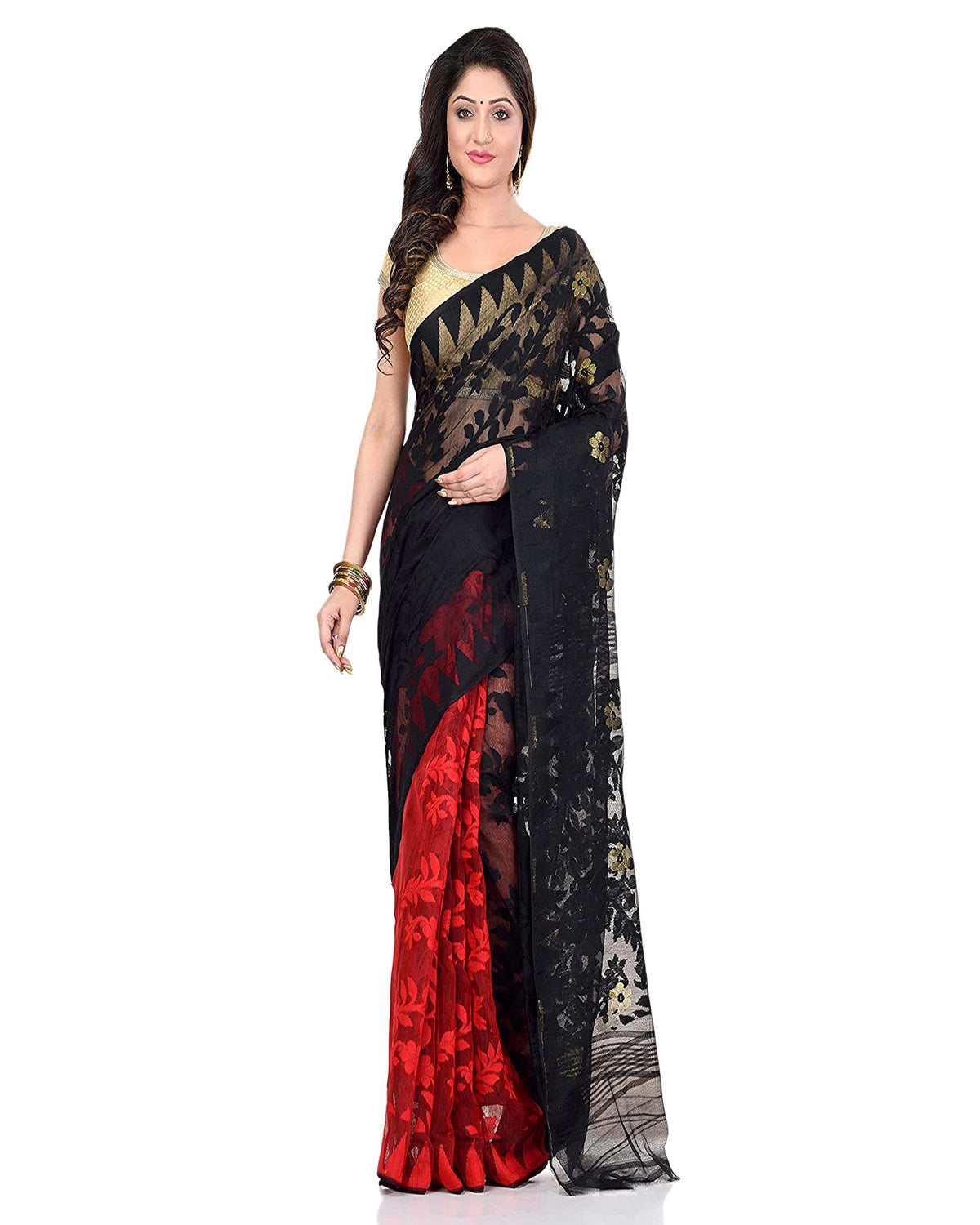Piyari Fashion Cotton Blend Handloom Black Red Jamdani Saree | Grocsy