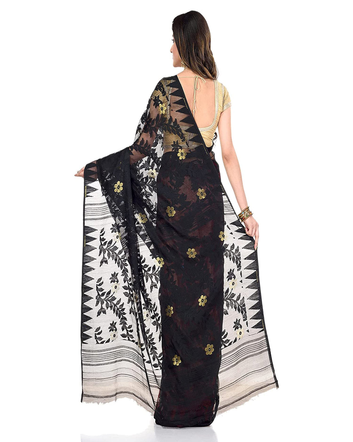 Piyari Fashion Cotton Blend Handloom Black Red Jamdani Saree | Grocsy