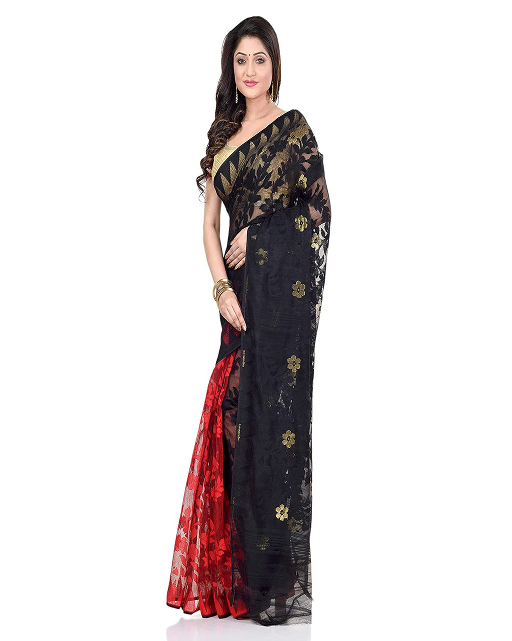 Piyari Fashion Cotton Blend Handloom Black Red Jamdani Saree | Grocsy
