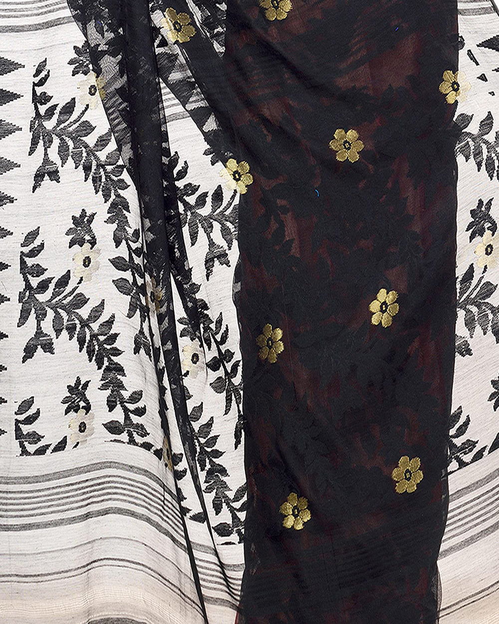 Piyari Fashion Cotton Blend Handloom Black Red Jamdani Saree | Grocsy