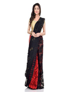 Piyari Fashion Cotton Blend Handloom Black Red Jamdani Saree | Grocsy