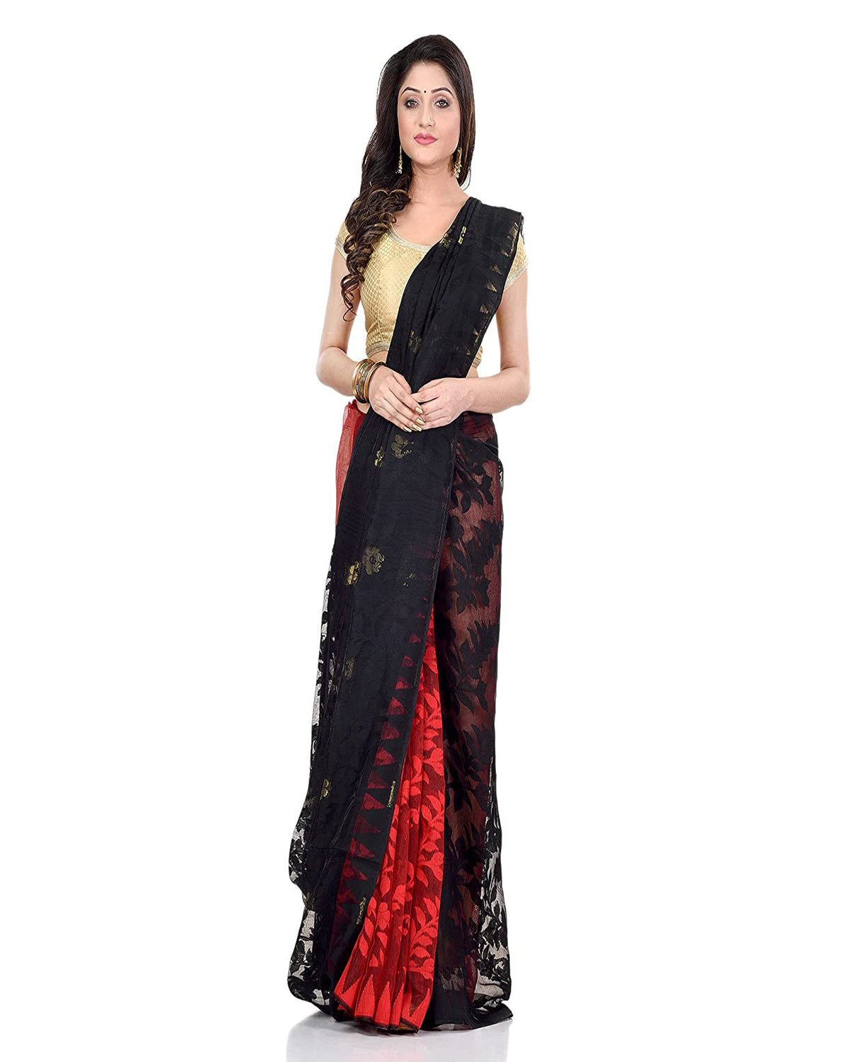 Piyari Fashion Cotton Blend Handloom Black Red Jamdani Saree | Grocsy