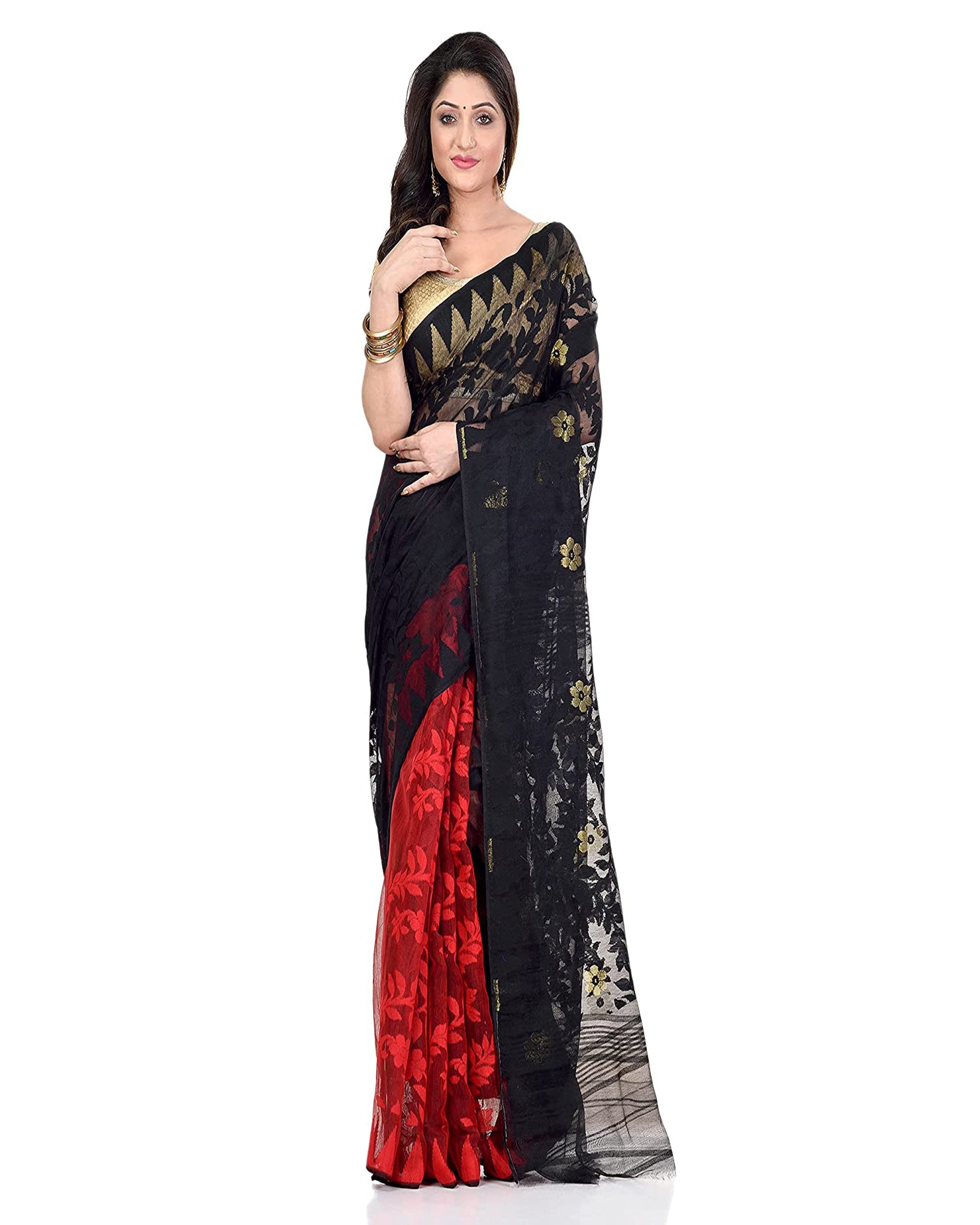 Piyari Fashion Cotton Blend Handloom Black Red Jamdani Saree | Grocsy