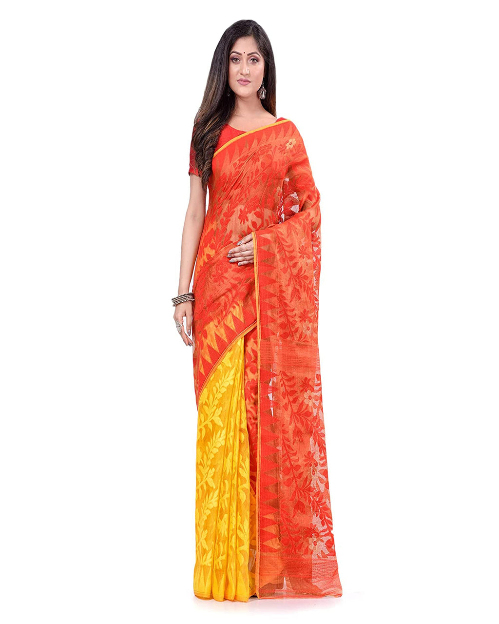 Piyari Fashion Cotton Blend Handloom Yellow Orange Jamdani Saree | Grocsy