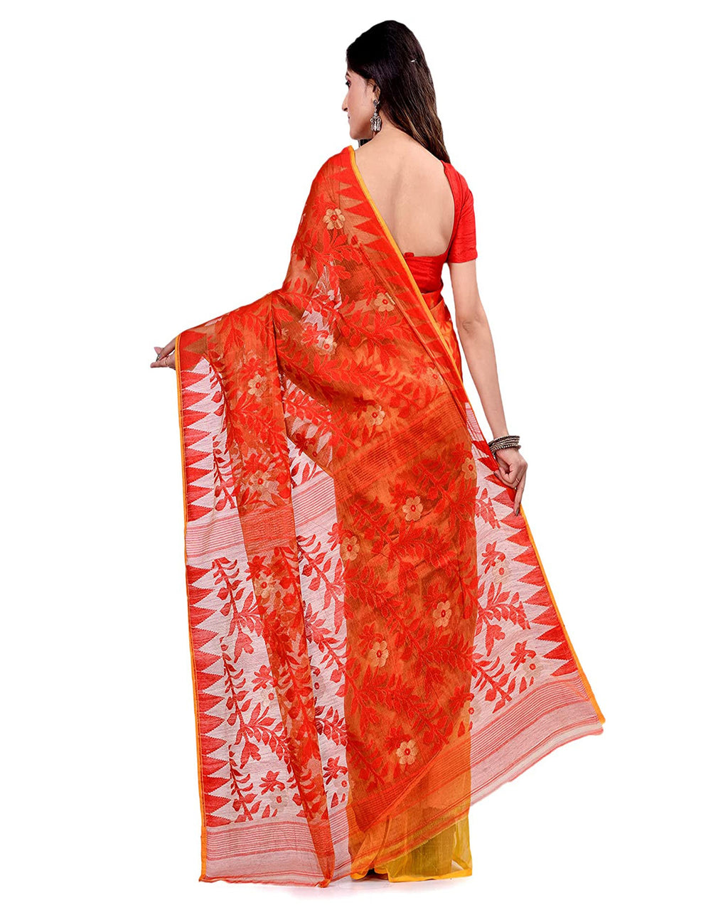 Piyari Fashion Cotton Blend Handloom Yellow Orange Jamdani Saree | Grocsy