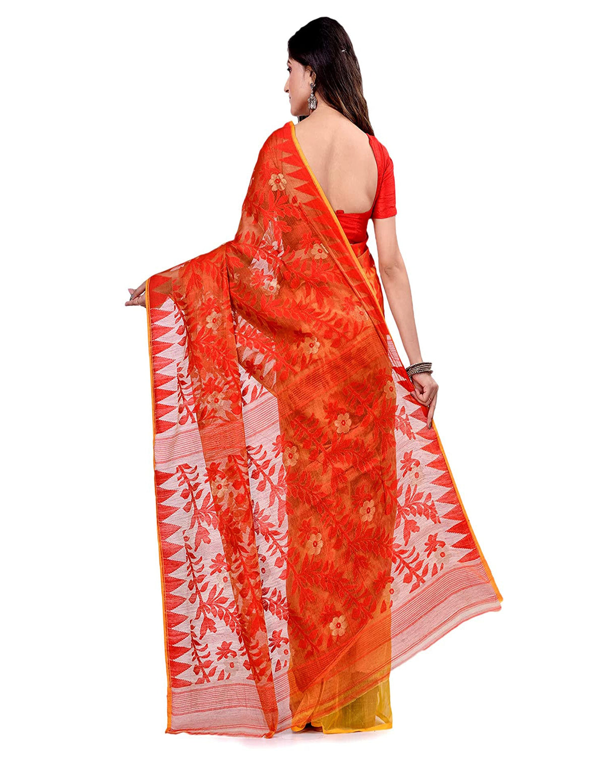 Piyari Fashion Cotton Blend Handloom Yellow Orange Jamdani Saree | Grocsy